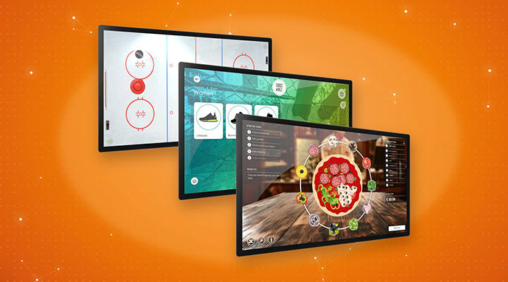 Interactive touchscreen apps: air hockey, product catalog and pizza configurator