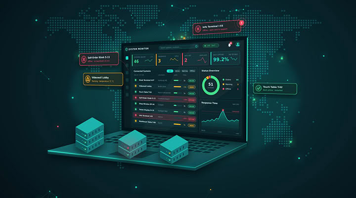 System monitoring dashboard for kiosks, video walls and touch tables