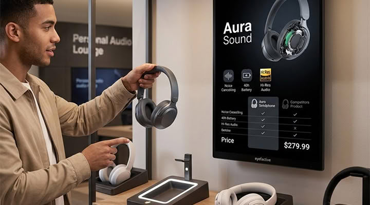 Lift and learn: picking up headphones shows product details and comparison