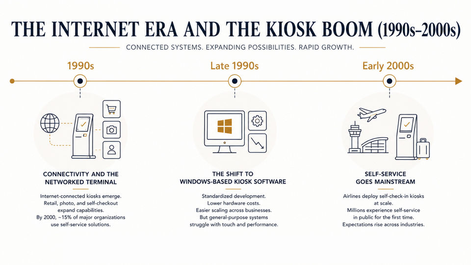 Timeline of the internet era kiosk boom with networked self-service terminals