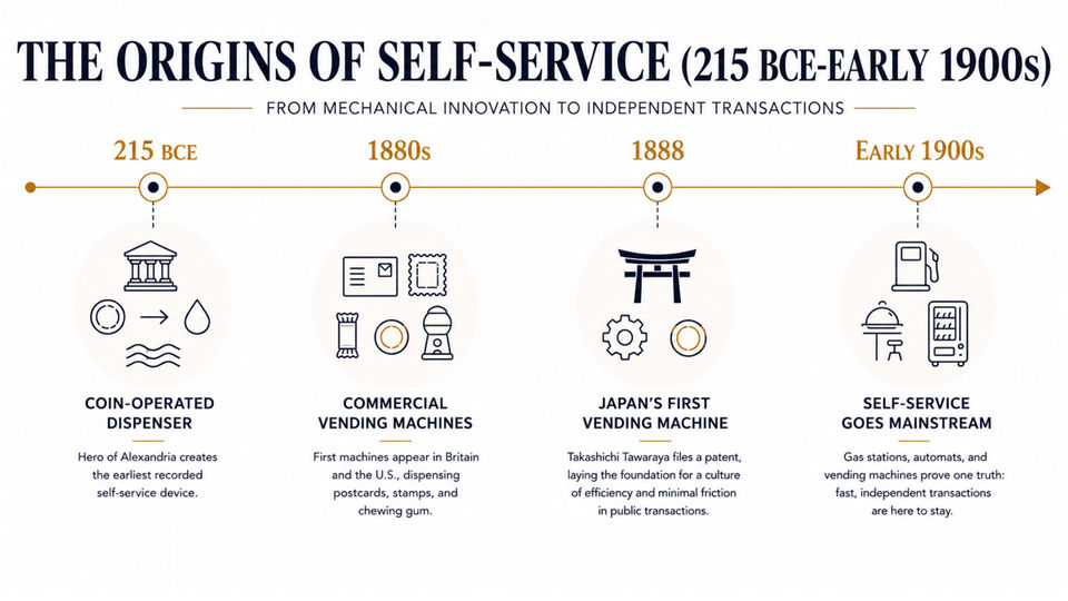 Timeline showing the origins of self-service technology and early vending machines