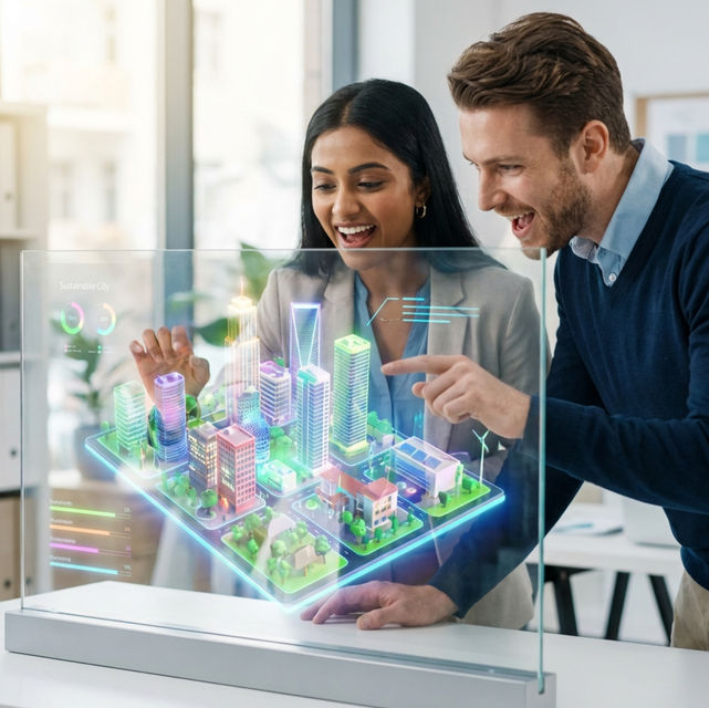 Transparenter Touchscreen mit Smart City Visualisierung und Sensordaten