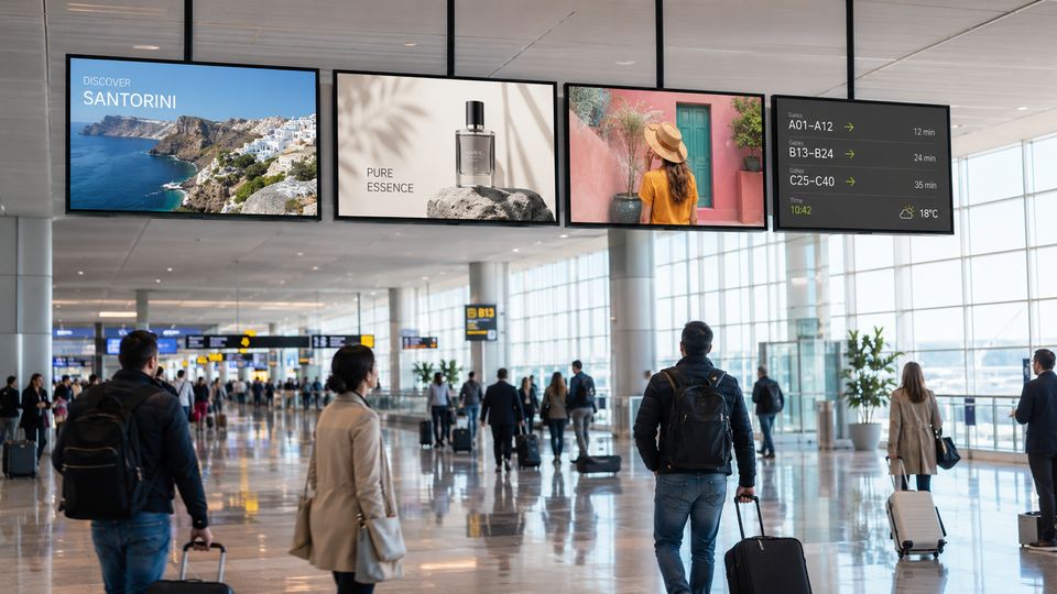 Digital Signage Screen Netzwerk mit DOOH Werbung in einer Flughafen Abflughalle