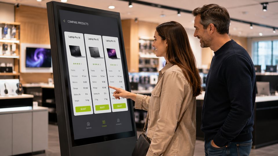 Kunden vergleichen Laptops an einem interaktiven Kiosk im Elektronikmarkt
