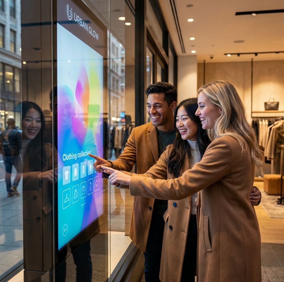 Kunden nutzen ein interaktives Schaufenster mit Touchscreen im Modegeschäft